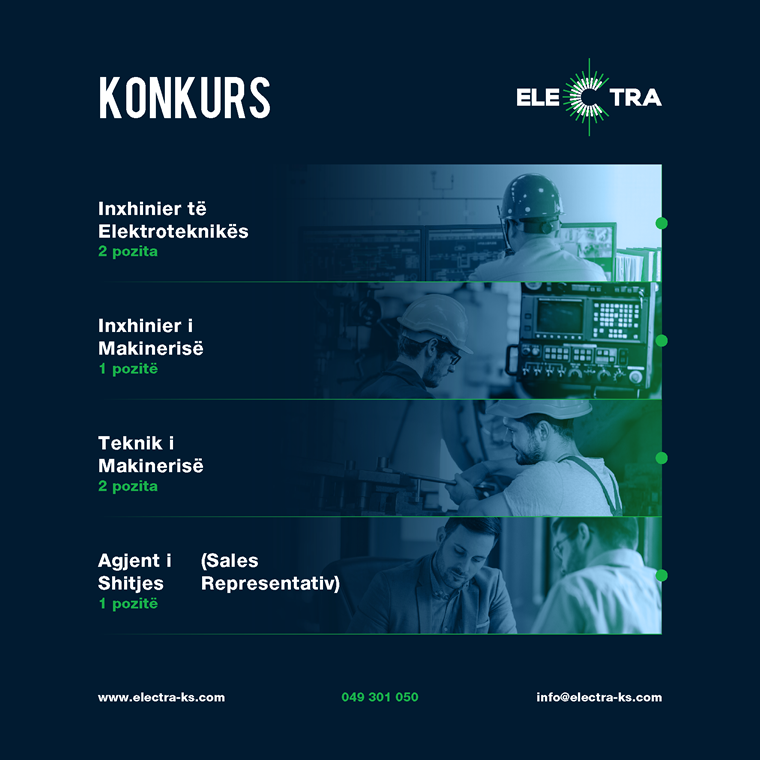 Inxhinier të Elektroteknikës (2), Inxhinier i makinerisë (1), Teknik i Makinerisë (2), Agjent i Shitjes-(Sales Representativ) (1)